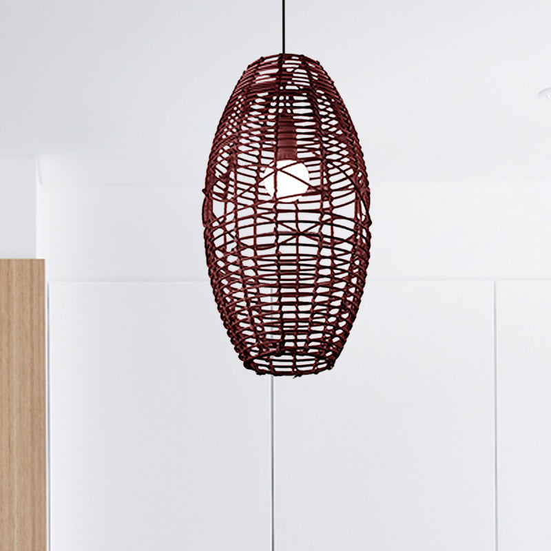 Beige/Brown Ellipse Hanging Pendant Rustic Woven Rattan 1-Light Suspended Lamp for Restaurant Cafe Brown Clearhalo 'Ceiling Lights' 'Pendant Lights' 'Pendants' Lighting' 603911_360e27c6-ea16-496a-9097-117abe7beb6d