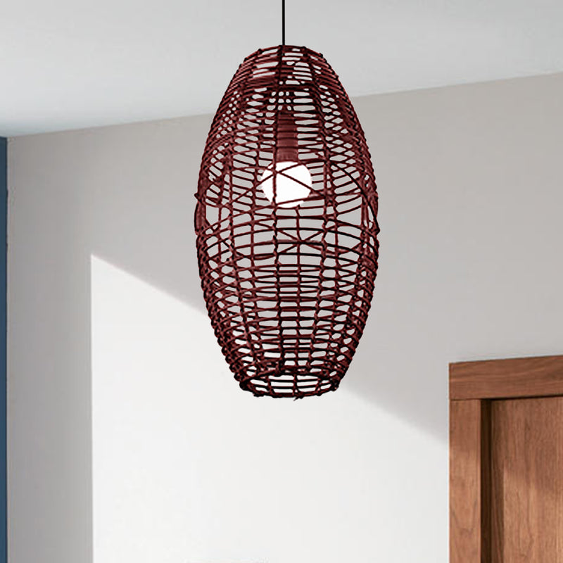 Beige/Brown Ellipse Hanging Pendant Rustic Woven Rattan 1-Light Suspended Lamp for Restaurant Cafe Clearhalo 'Ceiling Lights' 'Pendant Lights' 'Pendants' Lighting' 603912