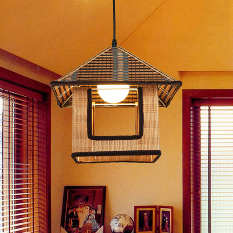 Knitted Bamboo House Shaped Pendant Lamp Farmhouse 1 Light Hanging Light for Cafe Restaurant Beige Clearhalo 'Ceiling Lights' 'Pendant Lights' 'Pendants' Lighting' 603951_ddf1dac1-0c74-4686-9343-e9feea17d068