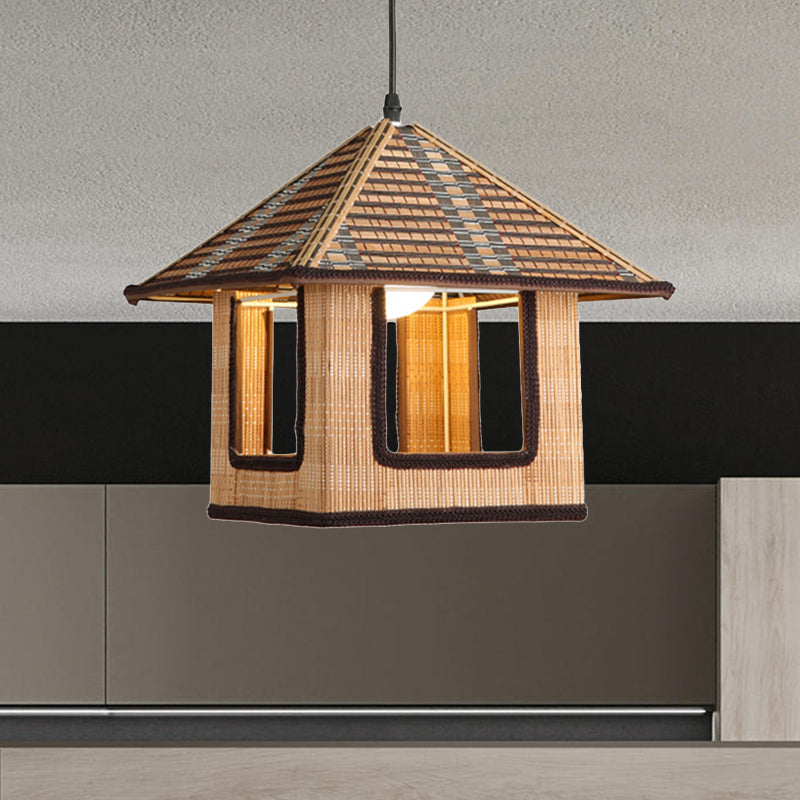 Knitted Bamboo House Shaped Pendant Lamp Farmhouse 1 Light Hanging Light for Cafe Restaurant Clearhalo 'Ceiling Lights' 'Pendant Lights' 'Pendants' Lighting' 603952