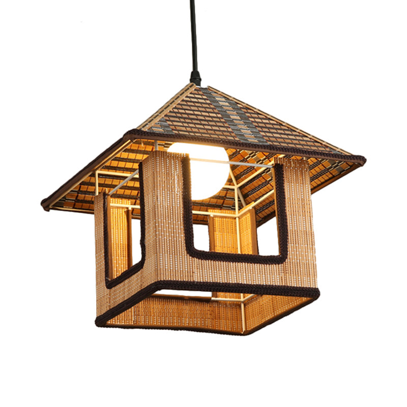 Knitted Bamboo House Shaped Pendant Lamp Farmhouse 1 Light Hanging Light for Cafe Restaurant Clearhalo 'Ceiling Lights' 'Pendant Lights' 'Pendants' Lighting' 603954