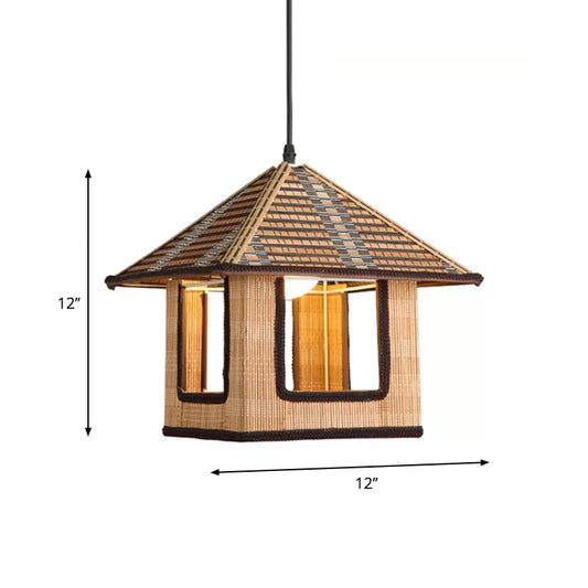 Knitted Bamboo House Shaped Pendant Lamp Farmhouse 1 Light Hanging Light for Cafe Restaurant Clearhalo 'Ceiling Lights' 'Pendant Lights' 'Pendants' Lighting' 603956