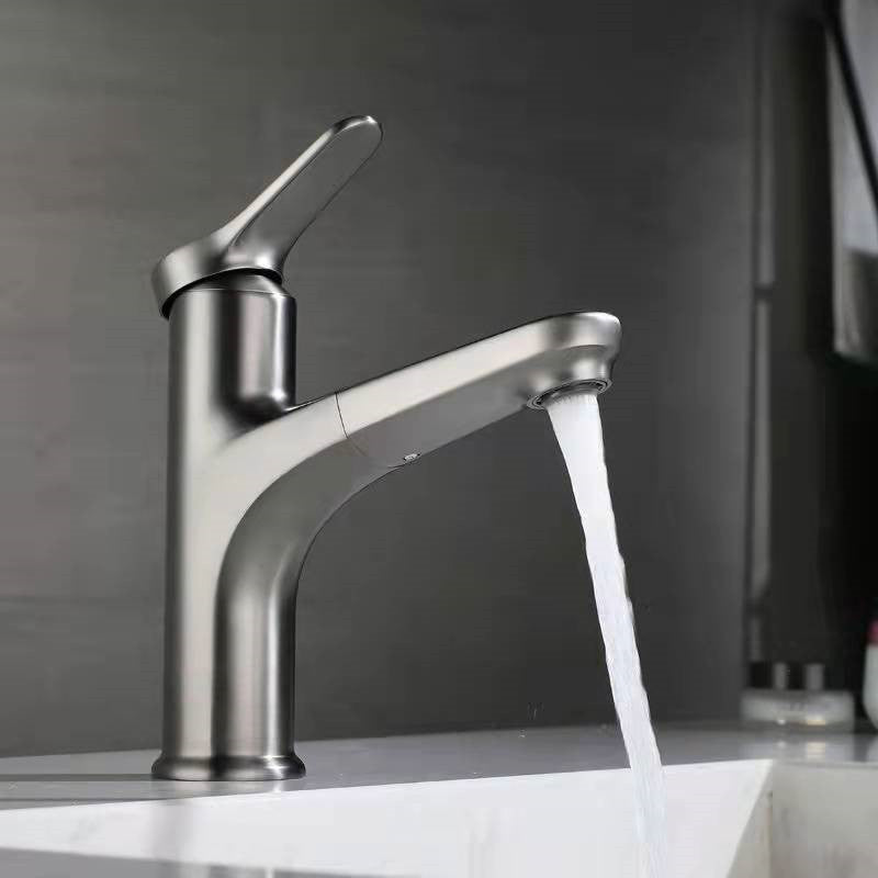 Modern Style Vessel Sink Faucet Lever Handle Copper Retractable Low Arc Vessel Faucet Plata Gris Clearhalo 'bathroom_sink_faucets' 'Conjunta de Baño y Conjunta de Grifo' 'Coronamiento de Baño y Dispositivo de Baño' 'Grifo del lavabo del baño' 'Hogar' 'home_improvement' 'home_improvement_bathroom_sink_faucets' 'Mejoras para el hogar' 6039622