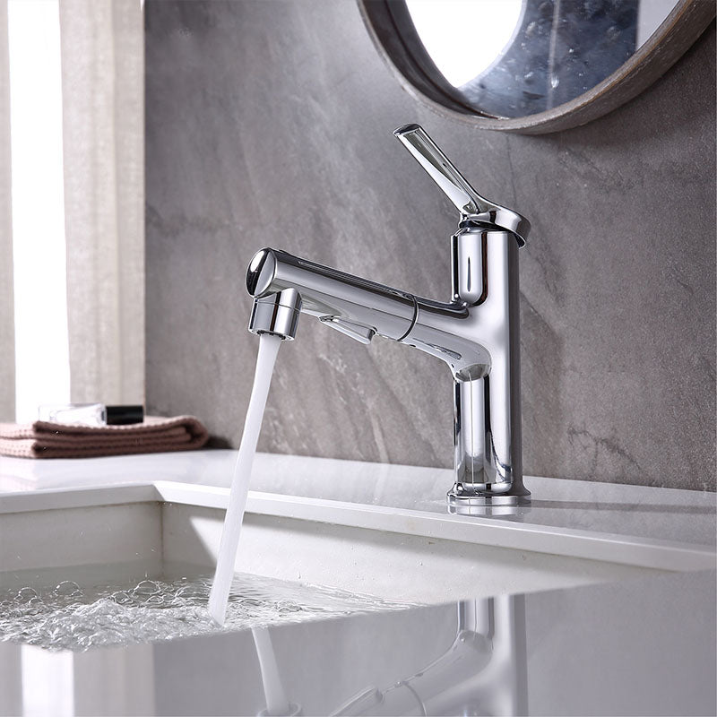 Contemporary Single Handle Faucet Pull-out Sink Faucet with Lever Handle Chrome Clearhalo 'Bathroom Remodel & Bathroom Fixtures' 'Bathroom Sink Faucets' 'Bathroom Sinks & Faucet Components' 'bathroom_sink_faucets' 'Home Improvement' 'home_improvement' 'home_improvement_bathroom_sink_faucets' 6039642