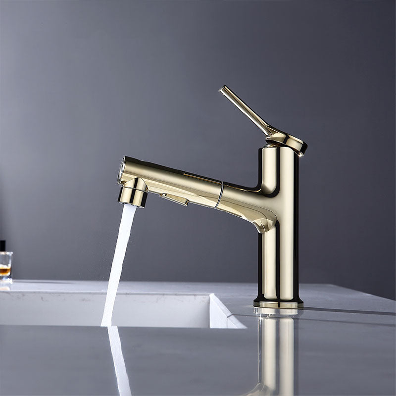 Contemporary Single Handle Faucet Pull-out Sink Faucet with Lever Handle Gold Clearhalo 'Bathroom Remodel & Bathroom Fixtures' 'Bathroom Sink Faucets' 'Bathroom Sinks & Faucet Components' 'bathroom_sink_faucets' 'Home Improvement' 'home_improvement' 'home_improvement_bathroom_sink_faucets' 6039644