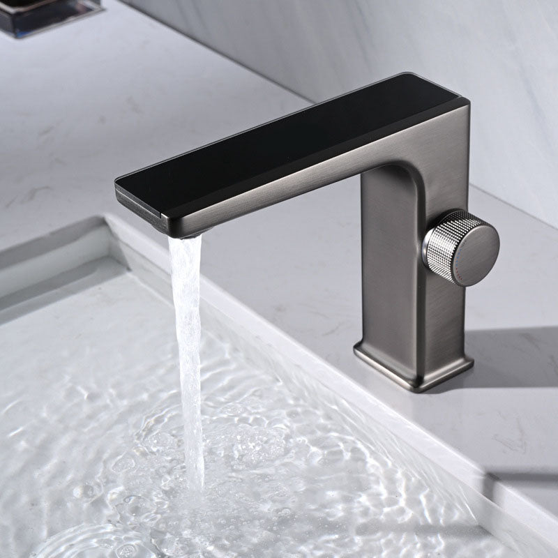 Contemporary Faucet Solid Color Metal LED Vanity Sink Faucet for Bathroom Grey Clearhalo 'Bathroom Remodel & Bathroom Fixtures' 'Bathroom Sink Faucets' 'Bathroom Sinks & Faucet Components' 'bathroom_sink_faucets' 'Home Improvement' 'home_improvement' 'home_improvement_bathroom_sink_faucets' 6039924