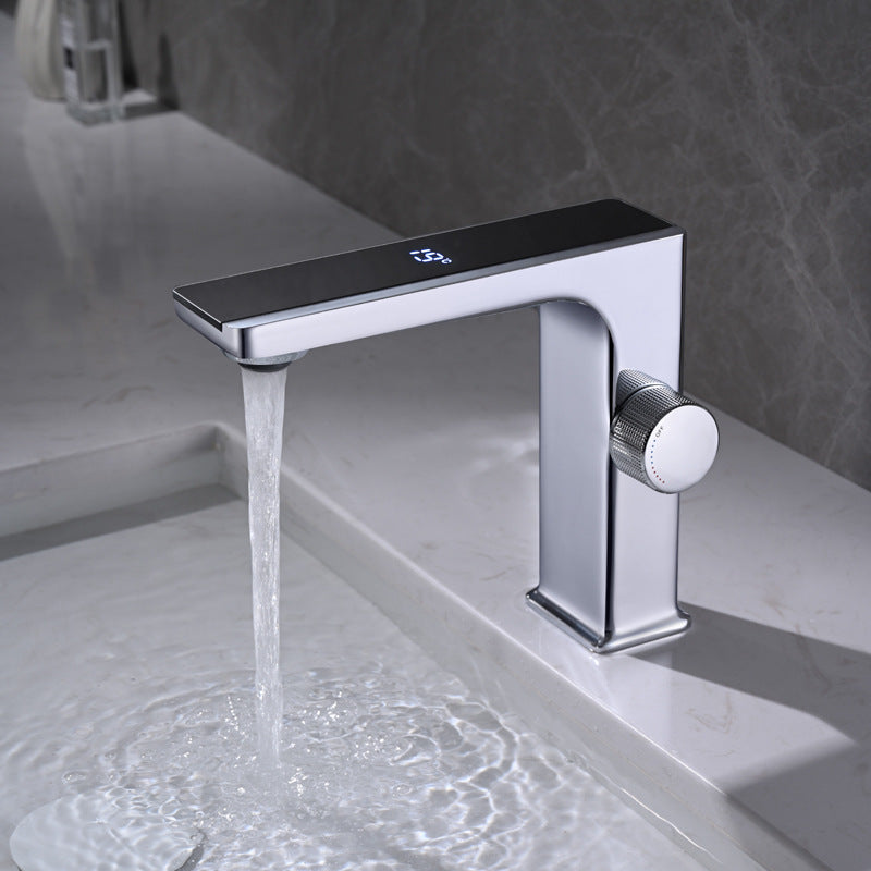 Contemporary Faucet Solid Color Metal LED Vanity Sink Faucet for Bathroom Chrome Clearhalo 'Bathroom Remodel & Bathroom Fixtures' 'Bathroom Sink Faucets' 'Bathroom Sinks & Faucet Components' 'bathroom_sink_faucets' 'Home Improvement' 'home_improvement' 'home_improvement_bathroom_sink_faucets' 6039926