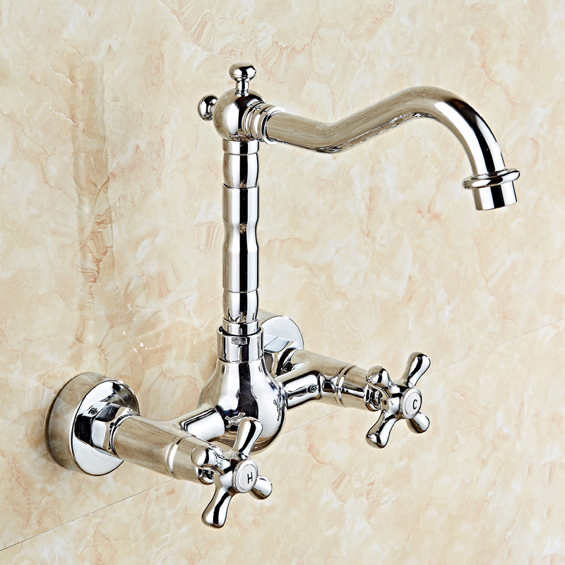 Glam 2-Handle Bathroom Sink Faucet 2-Hole Wall Mounted Bathroom Faucet Silver 9.5" Clearhalo 'Bathroom Remodel & Bathroom Fixtures' 'Bathroom Sink Faucets' 'Bathroom Sinks & Faucet Components' 'bathroom_sink_faucets' 'Home Improvement' 'home_improvement' 'home_improvement_bathroom_sink_faucets' 6040114