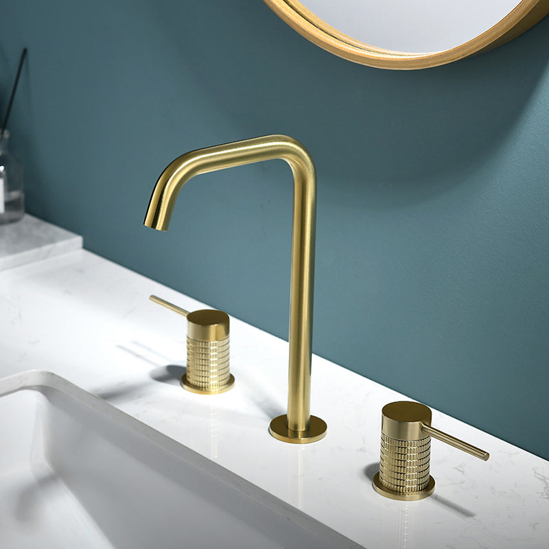 Glam 2-Handle Bathroom Sink Faucet with High-Arc Widespread Bathroom Sink Faucet Gold Clearhalo 'Bathroom Remodel & Bathroom Fixtures' 'Bathroom Sink Faucets' 'Bathroom Sinks & Faucet Components' 'bathroom_sink_faucets' 'Home Improvement' 'home_improvement' 'home_improvement_bathroom_sink_faucets' 6040122