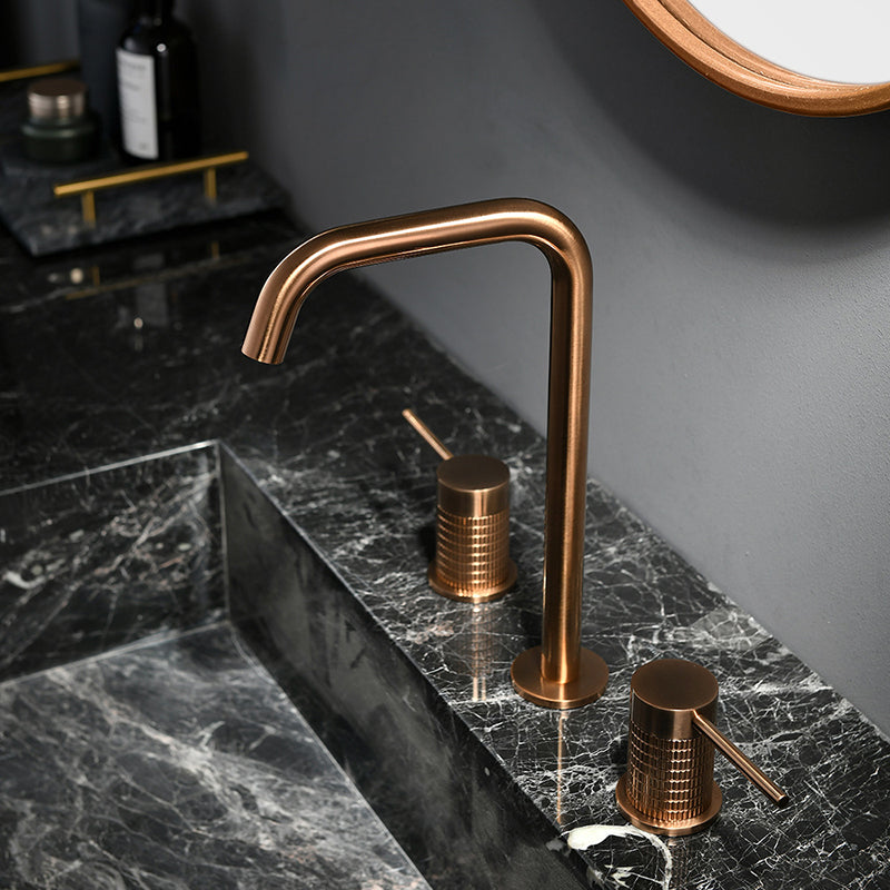 Glam 2-Handle Bathroom Sink Faucet with High-Arc Widespread Bathroom Sink Faucet Rose Gold Clearhalo 'Bathroom Remodel & Bathroom Fixtures' 'Bathroom Sink Faucets' 'Bathroom Sinks & Faucet Components' 'bathroom_sink_faucets' 'Home Improvement' 'home_improvement' 'home_improvement_bathroom_sink_faucets' 6040123