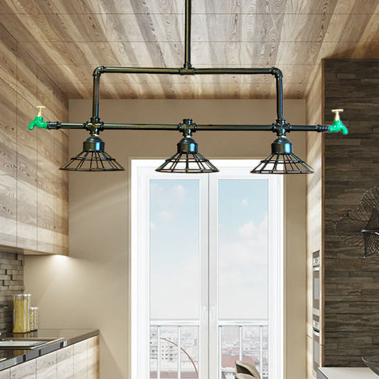 Conic Cage Metal Shade Island Ceiling Light Vintage 3-Bulb Coffee Shop Black Pendant Lamp with Water Tap Black Clearhalo 'Ceiling Lights' 'Island Lights' Lighting' 605594