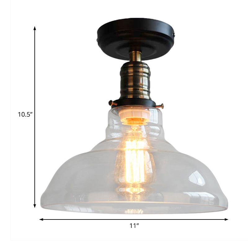 Black One Light Ceiling Lighting Industrial Clear Glass Barn Shade Semi Flush Light Clearhalo 'Ceiling Lights' 'Close To Ceiling Lights' 'Close to ceiling' 'Glass shade' 'Glass' 'Semi-flushmount' Lighting' 605782