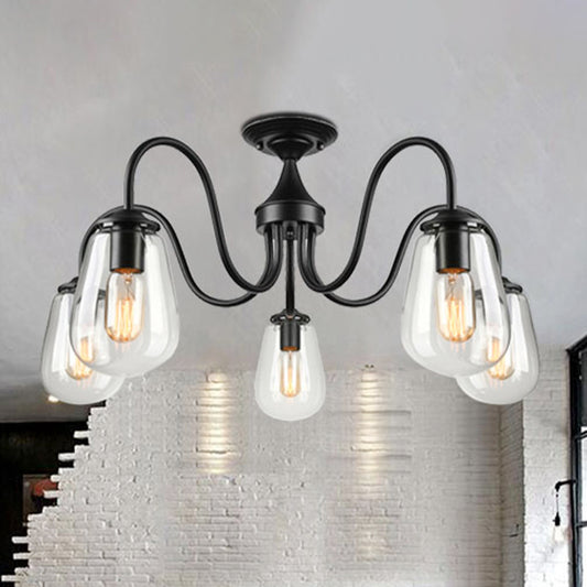 Bulb Shade Living Room Semi Flush Mount Lighting Vintage Clear Glass 5 Lights Black Ceiling Light Black Clearhalo 'Ceiling Lights' 'Close To Ceiling Lights' 'Close to ceiling' 'Glass shade' 'Glass' 'Semi-flushmount' Lighting' 605802