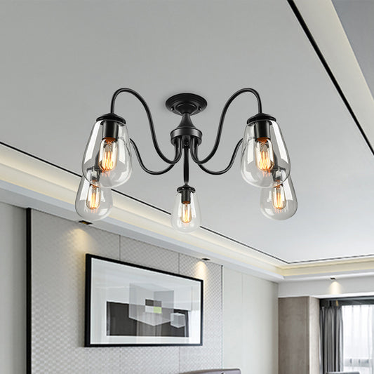 Bulb Shade Living Room Semi Flush Mount Lighting Vintage Clear Glass 5 Lights Black Ceiling Light Clearhalo 'Ceiling Lights' 'Close To Ceiling Lights' 'Close to ceiling' 'Glass shade' 'Glass' 'Semi-flushmount' Lighting' 605803