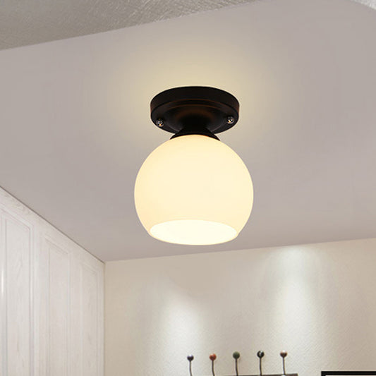 1 Light Ceiling Light Fixture with Round Shade Opal Glass Vintage Style Hallway Semi Flush in Black Clearhalo 'Ceiling Lights' 'Close To Ceiling Lights' 'Close to ceiling' 'Glass shade' 'Glass' 'Island Lights' 'Semi-flushmount' Lighting' 605813