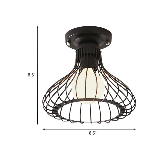 Caged Metal Ceiling Light Fixture with Cylinder/Teardrop Shade Industrial 1 Light Corridor Semi Flush Light in Black Clearhalo 'Ceiling Lights' 'Close To Ceiling Lights' 'Close to ceiling' 'Semi-flushmount' Lighting' 605905