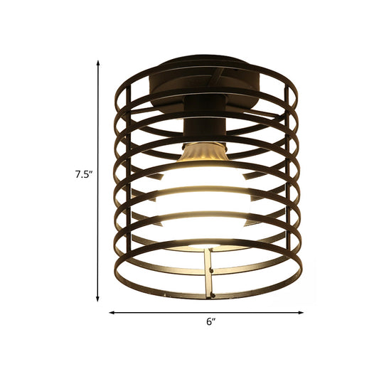 Caged Metal Ceiling Light Fixture with Cylinder/Teardrop Shade Industrial 1 Light Corridor Semi Flush Light in Black Clearhalo 'Ceiling Lights' 'Close To Ceiling Lights' 'Close to ceiling' 'Semi-flushmount' Lighting' 605910