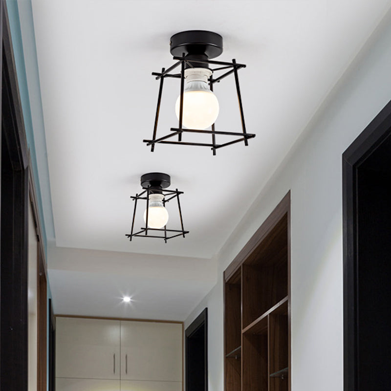 Cubic Metal Semi-Flush Ceiling Fixture with Wire Guard Industrial 1 Head Bedroom Rotatable Semi Flush Mount Lighting in Black/White Clearhalo 'Ceiling Lights' 'Close To Ceiling Lights' 'Close to ceiling' 'Semi-flushmount' Lighting' 605917