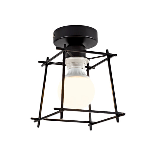 Cubic Metal Semi-Flush Ceiling Fixture with Wire Guard Industrial 1 Head Bedroom Rotatable Semi Flush Mount Lighting in Black/White Clearhalo 'Ceiling Lights' 'Close To Ceiling Lights' 'Close to ceiling' 'Semi-flushmount' Lighting' 605919