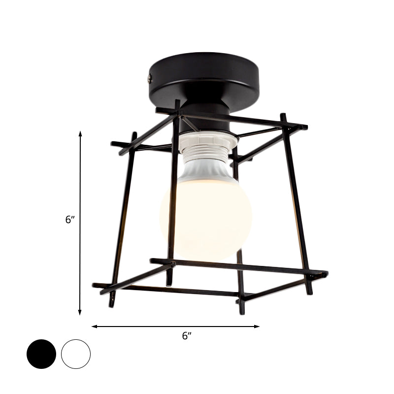 Cubic Metal Semi-Flush Ceiling Fixture with Wire Guard Industrial 1 Head Bedroom Rotatable Semi Flush Mount Lighting in Black/White Clearhalo 'Ceiling Lights' 'Close To Ceiling Lights' 'Close to ceiling' 'Semi-flushmount' Lighting' 605920