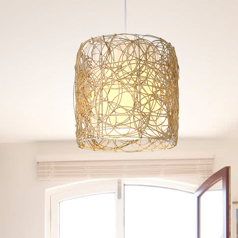 Woven Rattan Cylinder Pendant Lamp Rustic Single Head Hanging Light with Fabric Interior Shade Beige Clearhalo 'Ceiling Lights' 'Pendant Lights' 'Pendants' Lighting' 605977_eee8732f-686d-49d2-bf2a-c948dbc34997