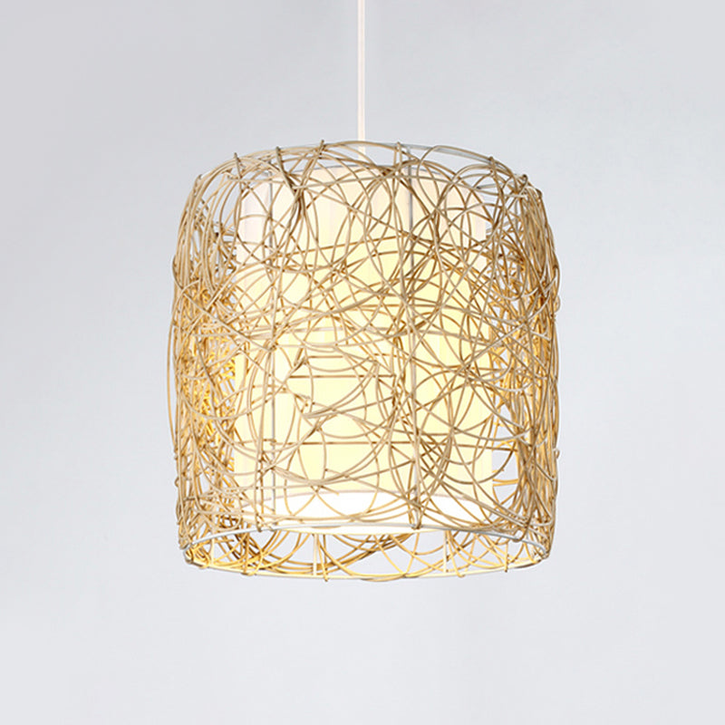 Woven Rattan Cylinder Pendant Lamp Rustic Single Head Hanging Light with Fabric Interior Shade Clearhalo 'Ceiling Lights' 'Pendant Lights' 'Pendants' Lighting' 605981