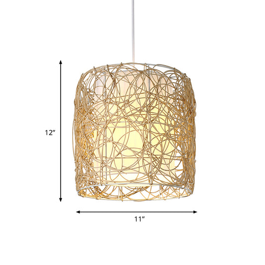 Woven Rattan Cylinder Pendant Lamp Rustic Single Head Hanging Light with Fabric Interior Shade Clearhalo 'Ceiling Lights' 'Pendant Lights' 'Pendants' Lighting' 605982