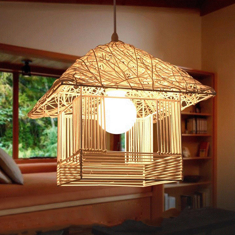 Beige/Brown/White House Shaped Hanging Light Rustic Rattan 1 Head Drop Light for Dining Room Clearhalo 'Ceiling Lights' 'Pendant Lights' 'Pendants' Lighting' 605989