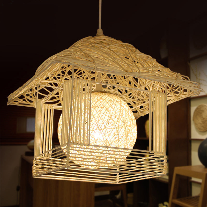 Beige/Brown/White House Shaped Hanging Light Rustic Rattan 1 Head Drop Light for Dining Room Clearhalo 'Ceiling Lights' 'Pendant Lights' 'Pendants' Lighting' 605990