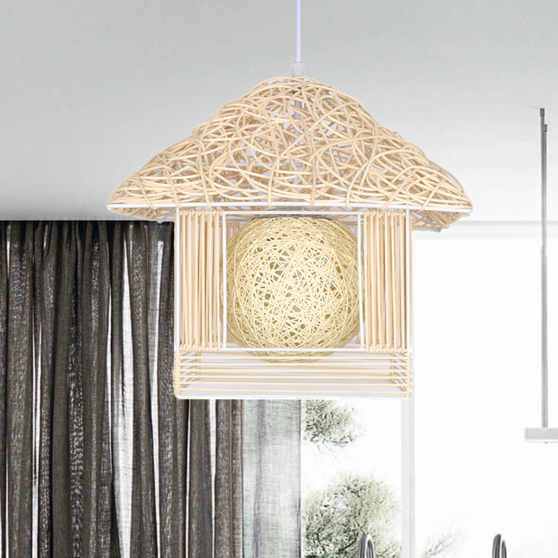 Beige/Brown/White House Shaped Hanging Light Rustic Rattan 1 Head Drop Light for Dining Room Clearhalo 'Ceiling Lights' 'Pendant Lights' 'Pendants' Lighting' 605991