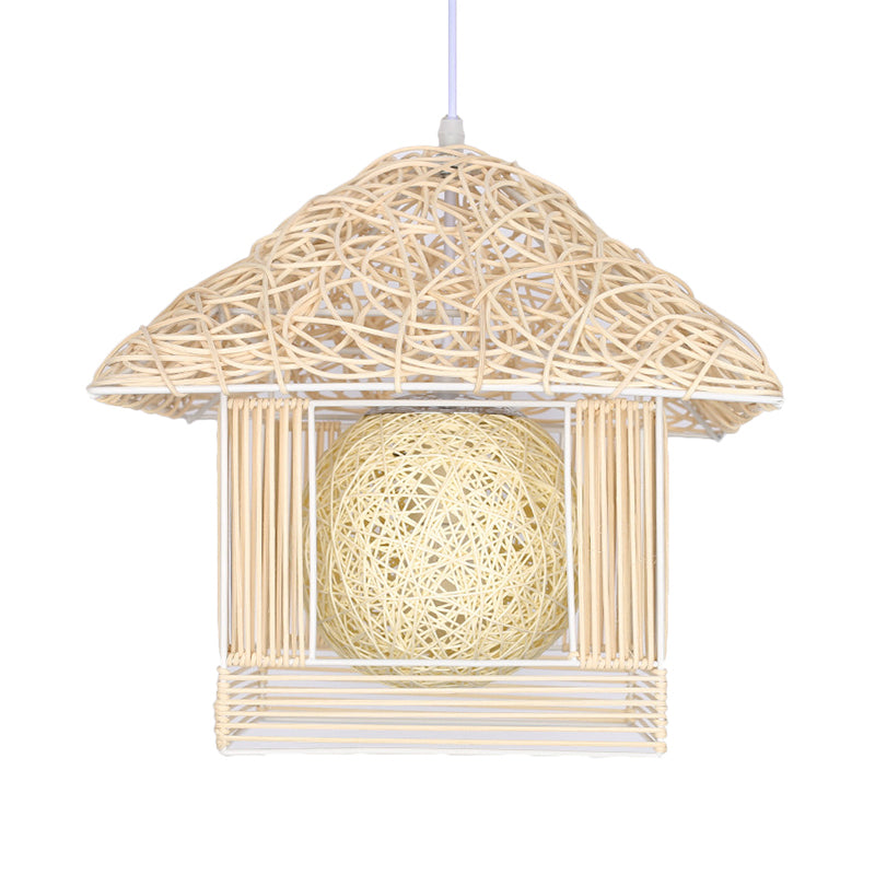 Beige/Brown/White House Shaped Hanging Light Rustic Rattan 1 Head Drop Light for Dining Room Clearhalo 'Ceiling Lights' 'Pendant Lights' 'Pendants' Lighting' 605992