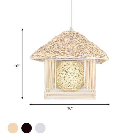 Beige/Brown/White House Shaped Hanging Light Rustic Rattan 1 Head Drop Light for Dining Room Clearhalo 'Ceiling Lights' 'Pendant Lights' 'Pendants' Lighting' 605993