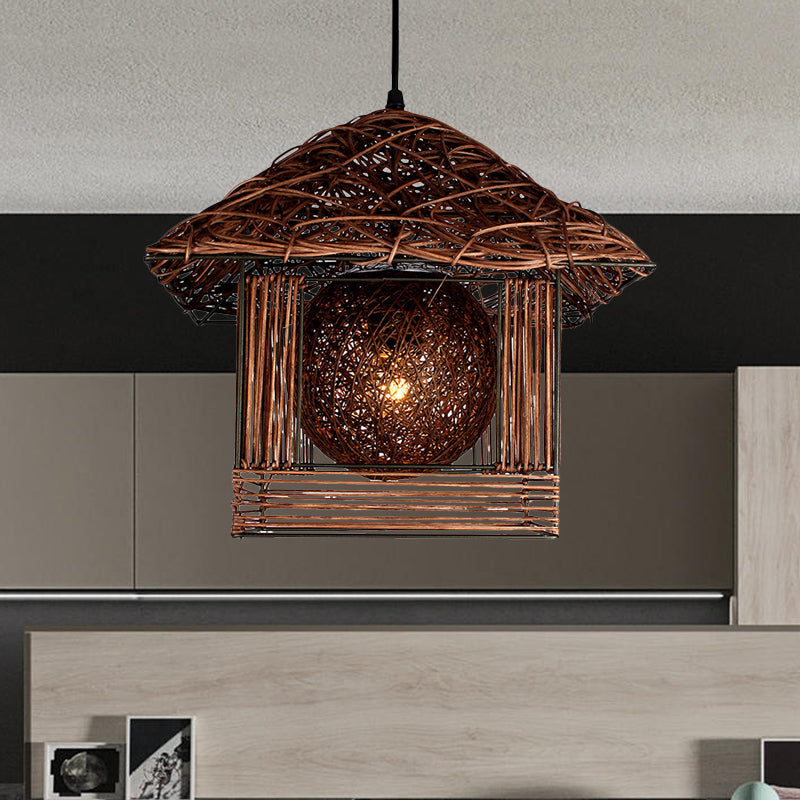 Beige/Brown/White House Shaped Hanging Light Rustic Rattan 1 Head Drop Light for Dining Room Clearhalo 'Ceiling Lights' 'Pendant Lights' 'Pendants' Lighting' 605996