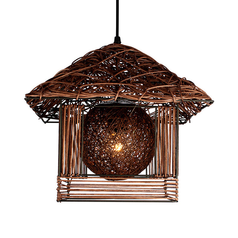 Beige/Brown/White House Shaped Hanging Light Rustic Rattan 1 Head Drop Light for Dining Room Clearhalo 'Ceiling Lights' 'Pendant Lights' 'Pendants' Lighting' 605998