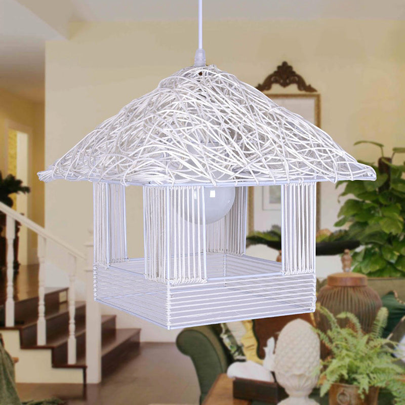 Beige/Brown/White House Shaped Hanging Light Rustic Rattan 1 Head Drop Light for Dining Room White Clearhalo 'Ceiling Lights' 'Pendant Lights' 'Pendants' Lighting' 605999_663a6535-bb92-45e7-ade2-220ab3d2ce08