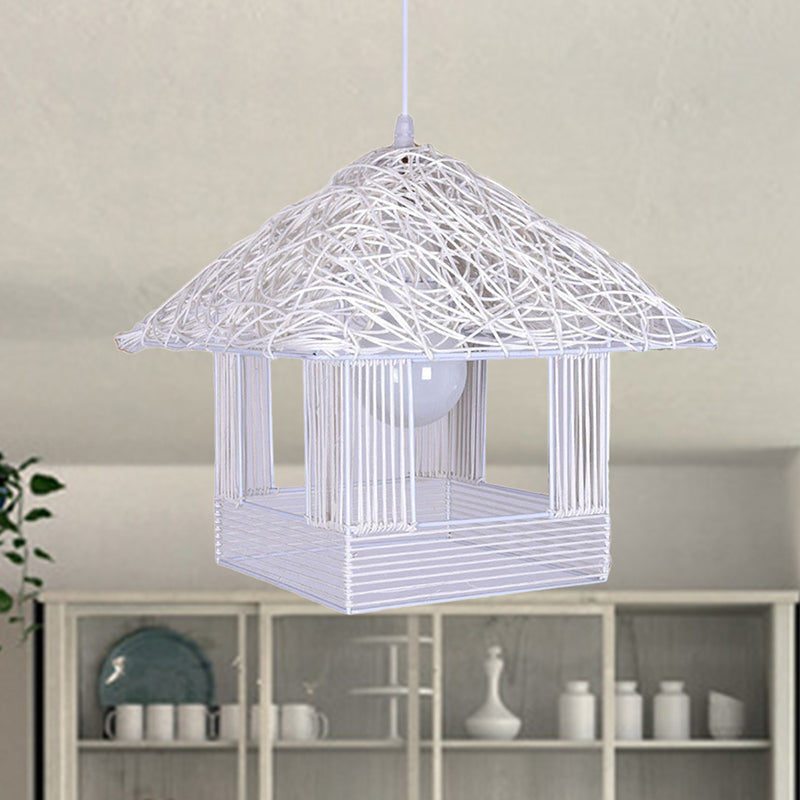 Beige/Brown/White House Shaped Hanging Light Rustic Rattan 1 Head Drop Light for Dining Room Clearhalo 'Ceiling Lights' 'Pendant Lights' 'Pendants' Lighting' 606000