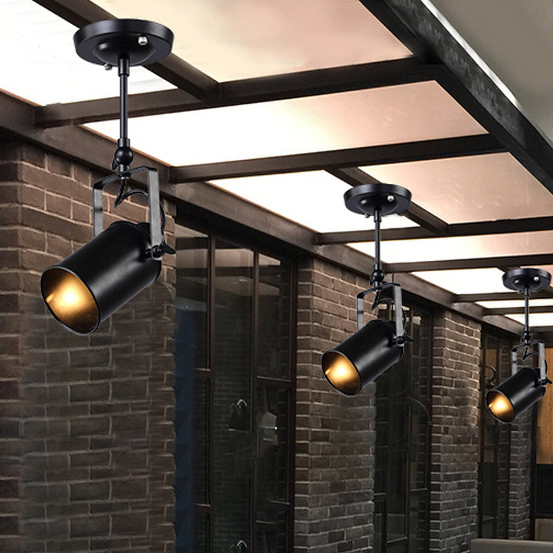 Cylinder Dining Room Semi-Flush Light Industrial Style Metallic 1/2/3-Head Black/White Rotatable Track Fixture Clearhalo 'Ceiling Lights' 'Close To Ceiling Lights' 'Close to ceiling' 'Semi-flushmount' Lighting' 606004