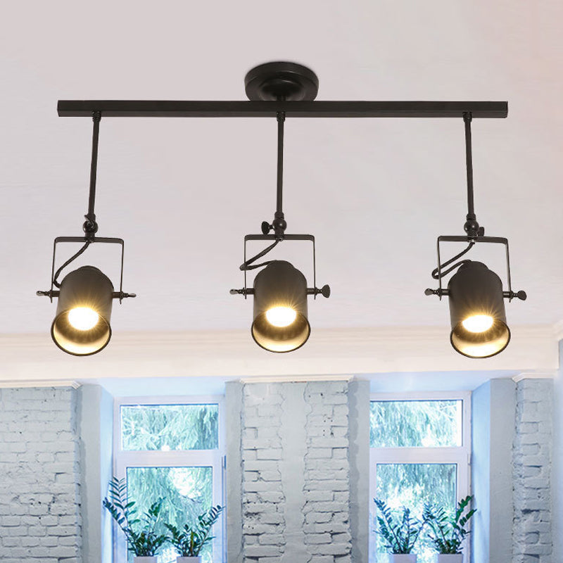 Cylinder Dining Room Semi-Flush Light Industrial Style Metallic 1/2/3-Head Black/White Rotatable Track Fixture 3 Black Clearhalo 'Ceiling Lights' 'Close To Ceiling Lights' 'Close to ceiling' 'Semi-flushmount' Lighting' 606012