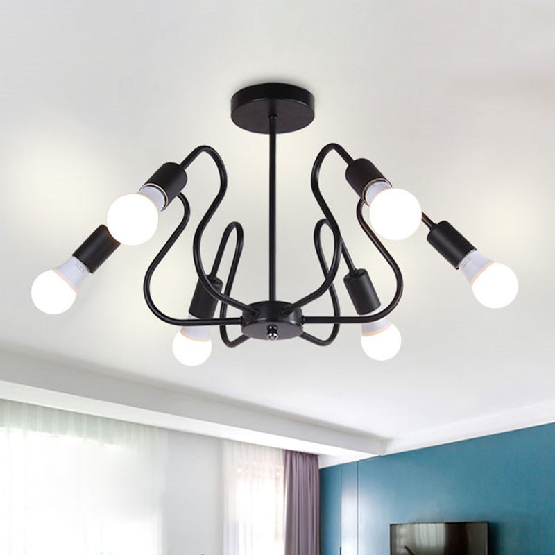 Metal Exposed Bulb Semi Flush Mount Lighting Retro Industrial 3/5/6 Heads Dining Room Ceiling Light in Black/White 6 Black Clearhalo 'Ceiling Lights' 'Close To Ceiling Lights' 'Close to ceiling' 'Semi-flushmount' Lighting' 606085