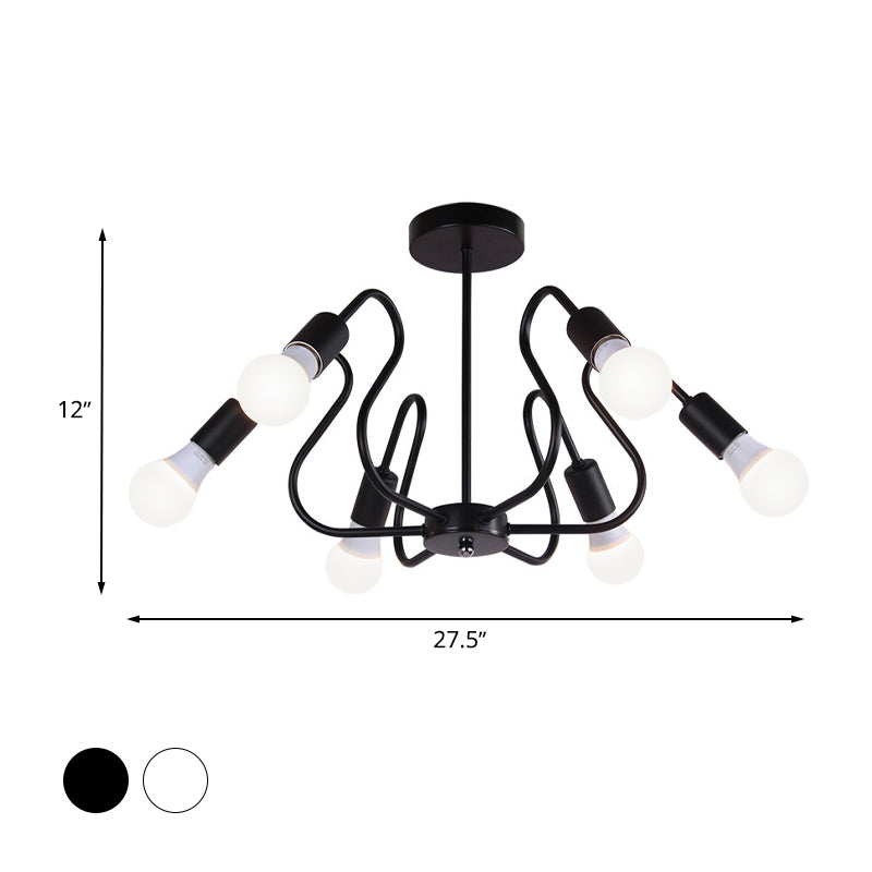 Metal Exposed Bulb Semi Flush Mount Lighting Retro Industrial 3/5/6 Heads Dining Room Ceiling Light in Black/White Clearhalo 'Ceiling Lights' 'Close To Ceiling Lights' 'Close to ceiling' 'Semi-flushmount' Lighting' 606089