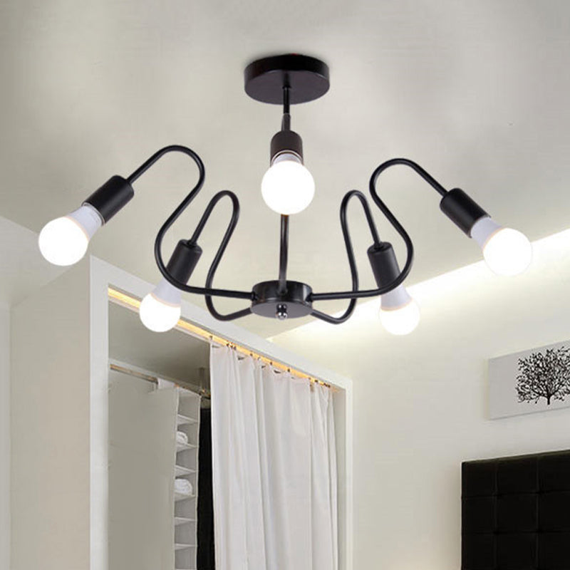 Metal Exposed Bulb Semi Flush Mount Lighting Retro Industrial 3/5/6 Heads Dining Room Ceiling Light in Black/White 5 Black Clearhalo 'Ceiling Lights' 'Close To Ceiling Lights' 'Close to ceiling' 'Semi-flushmount' Lighting' 606090