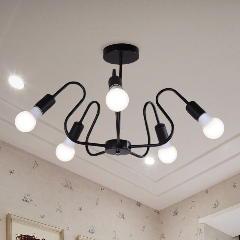 Metal Exposed Bulb Semi Flush Mount Lighting Retro Industrial 3/5/6 Heads Dining Room Ceiling Light in Black/White Clearhalo 'Ceiling Lights' 'Close To Ceiling Lights' 'Close to ceiling' 'Semi-flushmount' Lighting' 606092