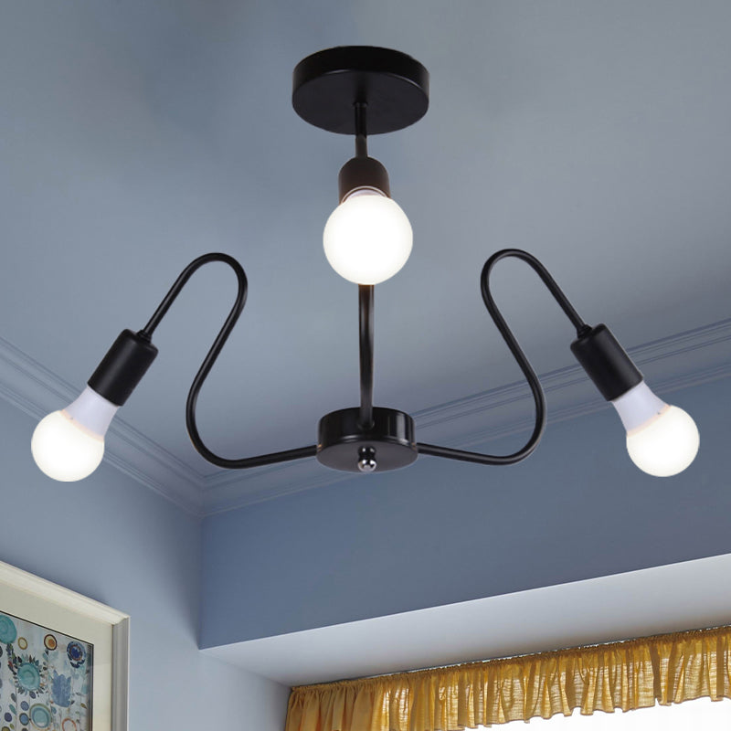 Metal Exposed Bulb Semi Flush Mount Lighting Retro Industrial 3/5/6 Heads Dining Room Ceiling Light in Black/White 3 Black Clearhalo 'Ceiling Lights' 'Close To Ceiling Lights' 'Close to ceiling' 'Semi-flushmount' Lighting' 606095