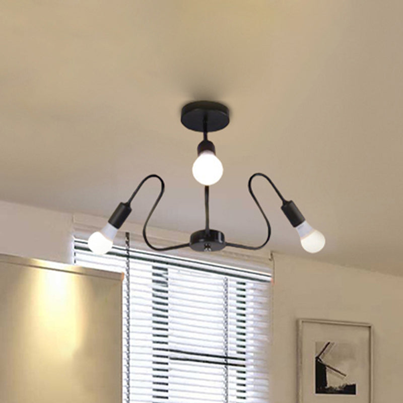 Metal Exposed Bulb Semi Flush Mount Lighting Retro Industrial 3/5/6 Heads Dining Room Ceiling Light in Black/White Clearhalo 'Ceiling Lights' 'Close To Ceiling Lights' 'Close to ceiling' 'Semi-flushmount' Lighting' 606097