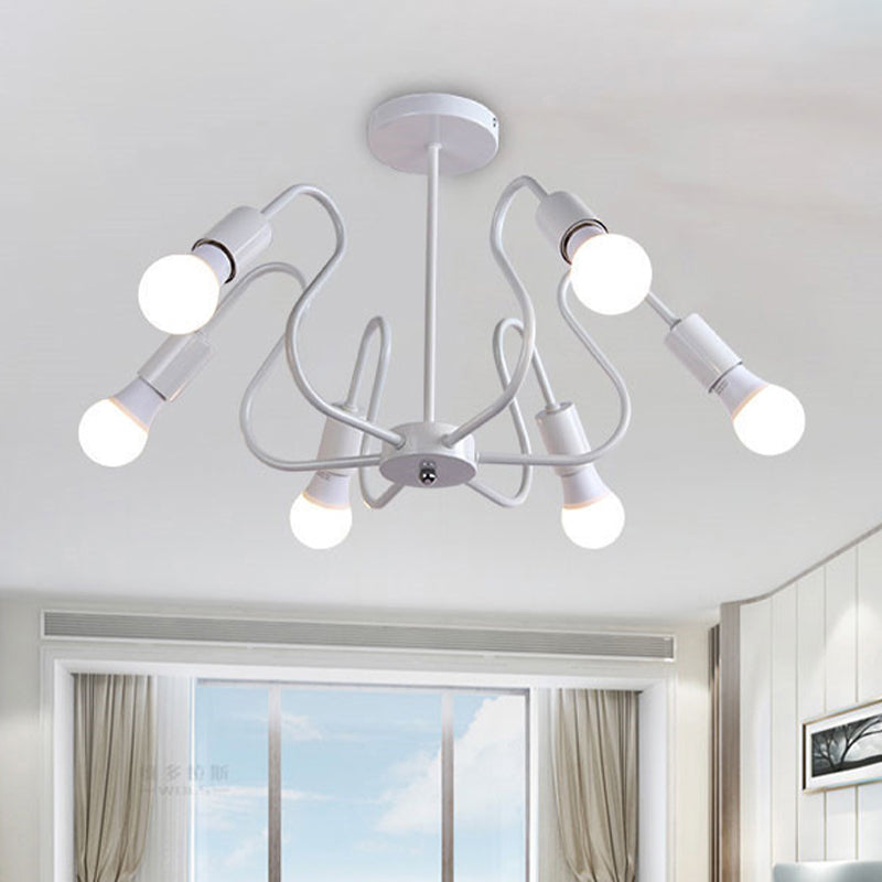 Metal Exposed Bulb Semi Flush Mount Lighting Retro Industrial 3/5/6 Heads Dining Room Ceiling Light in Black/White 6 White Clearhalo 'Ceiling Lights' 'Close To Ceiling Lights' 'Close to ceiling' 'Semi-flushmount' Lighting' 606100