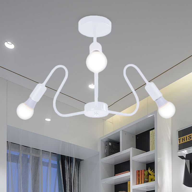 Metal Exposed Bulb Semi Flush Mount Lighting Retro Industrial 3/5/6 Heads Dining Room Ceiling Light in Black/White 3 White Clearhalo 'Ceiling Lights' 'Close To Ceiling Lights' 'Close to ceiling' 'Semi-flushmount' Lighting' 606108