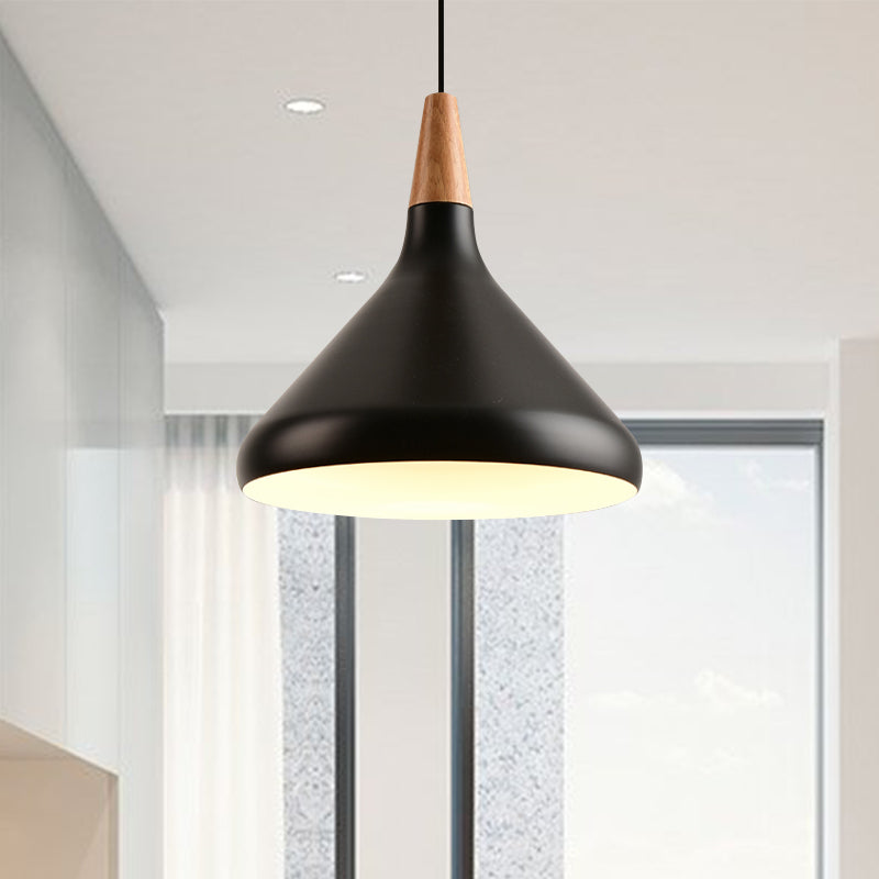 7"/11"/15" W Cone Dining Table Pendant Lighting Simple Style Metallic 1 Head Hanging Lamp with Adjustable Cord in Black/Grey/White Black 11" Clearhalo 'Ceiling Lights' 'Modern Pendants' 'Modern' 'Pendant Lights' 'Pendants' Lighting' 606174