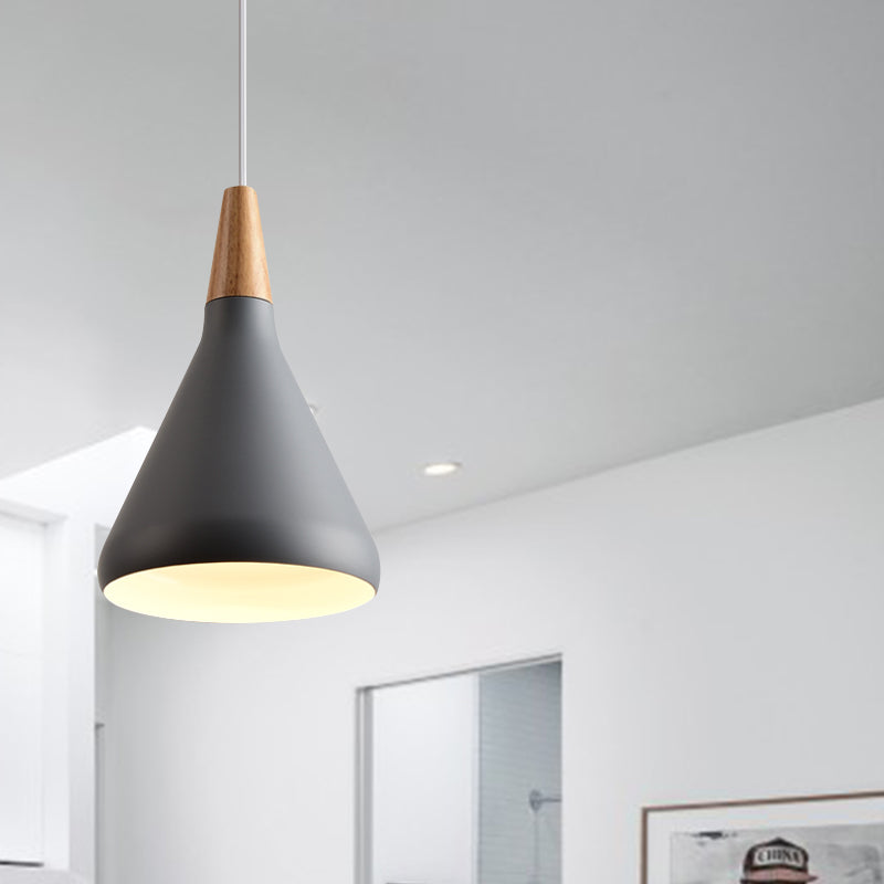 7"/11"/15" W Cone Dining Table Pendant Lighting Simple Style Metallic 1 Head Hanging Lamp with Adjustable Cord in Black/Grey/White Clearhalo 'Ceiling Lights' 'Modern Pendants' 'Modern' 'Pendant Lights' 'Pendants' Lighting' 606193