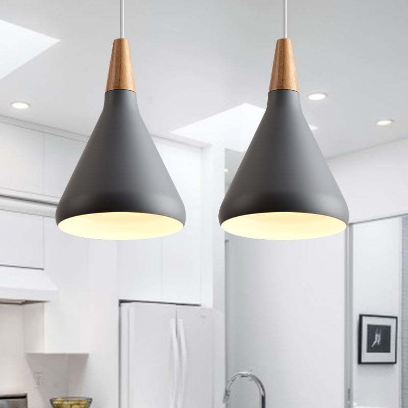 7"/11"/15" W Cone Dining Table Pendant Lighting Simple Style Metallic 1 Head Hanging Lamp with Adjustable Cord in Black/Grey/White Clearhalo 'Ceiling Lights' 'Modern Pendants' 'Modern' 'Pendant Lights' 'Pendants' Lighting' 606194