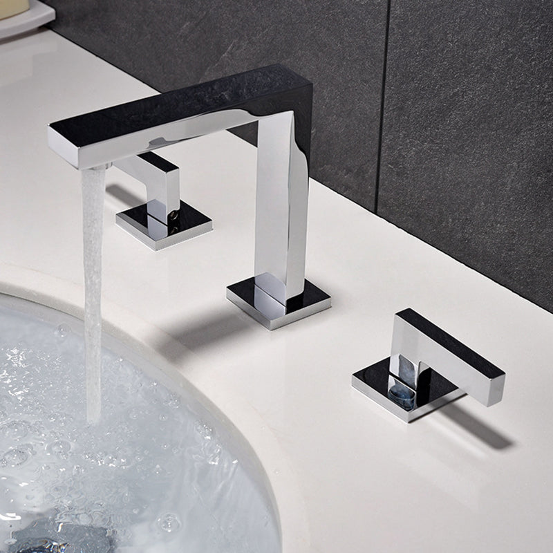 Square 2-Handle Bathroom Faucet 3 Hole Widespread Lavatory Faucet Chrome Clearhalo 'Bathroom Remodel & Bathroom Fixtures' 'Bathroom Sink Faucets' 'Bathroom Sinks & Faucet Components' 'bathroom_sink_faucets' 'Home Improvement' 'home_improvement' 'home_improvement_bathroom_sink_faucets' 6065050